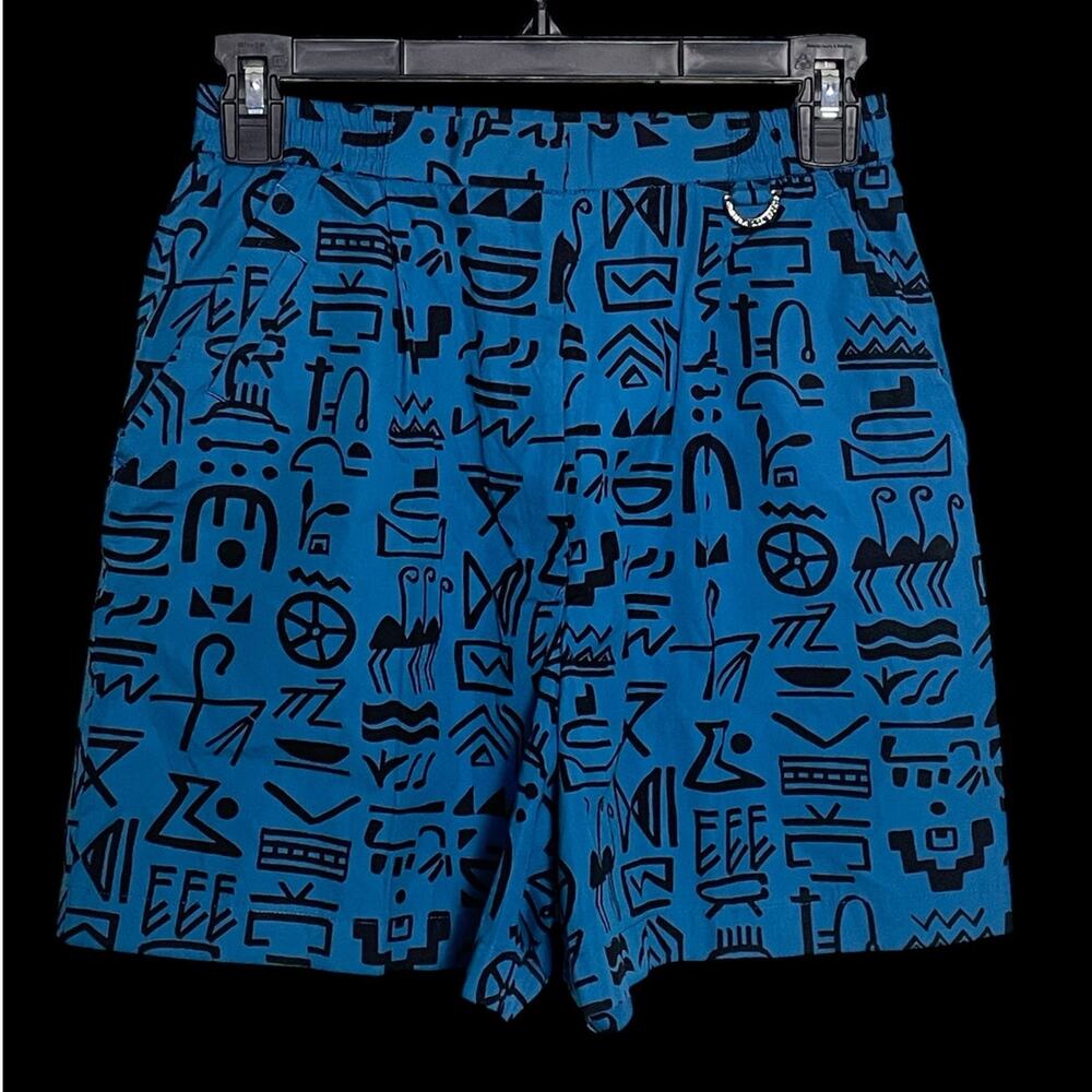 Archival 80s Christian Dior Sports Blue Hieroglyphic Geometric Shorts Large Rare